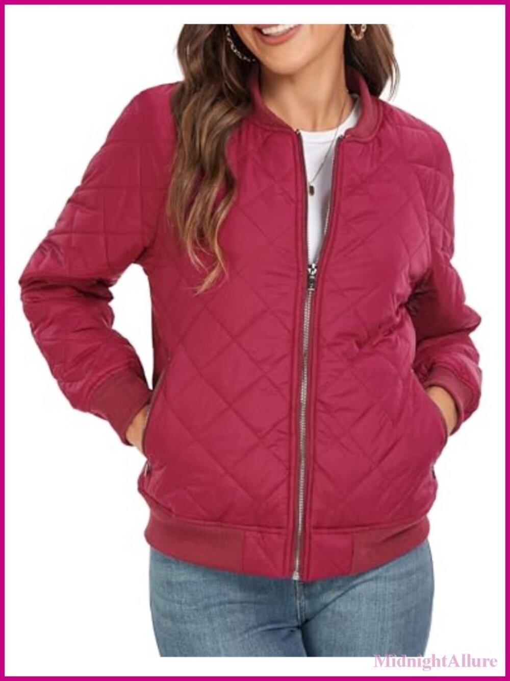 Lightweight Quilted Bomber Jacket with Zipper and Pockets Casual Outerwear